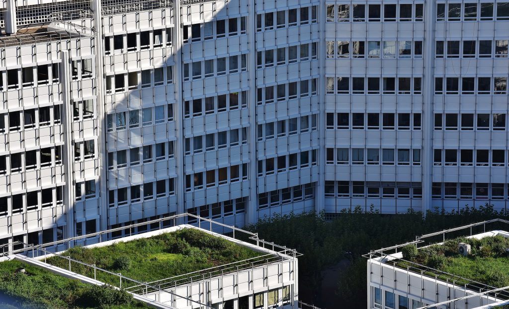 Green roofs on top of tall apartment buildings